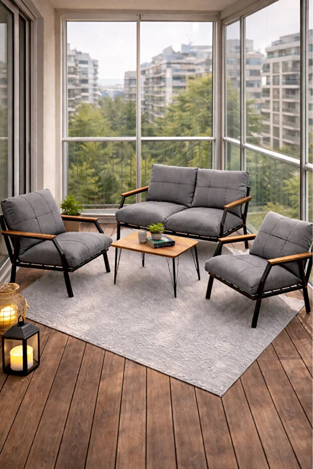 Linda 211 Sehpalı Gri Fermuarlı Bahçe Balkon Takımı, Cafe, Salon - Metal Kanepe Koltuk Takımı